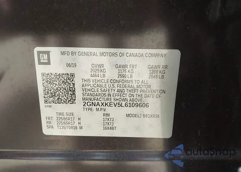 2020 Chevrolet Equinox Fwd Lt 1.5L Turbo z USA, uszkodzony, nr VIN 2GNAXKEV5L6109606